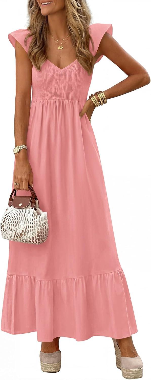imagePRETTYGARDEN Womens 2026 Summer Casual Maxi Dresses Cap Sleeve V Neck Smocked Long Pockets Party Sundress Vacation OutfitsPink