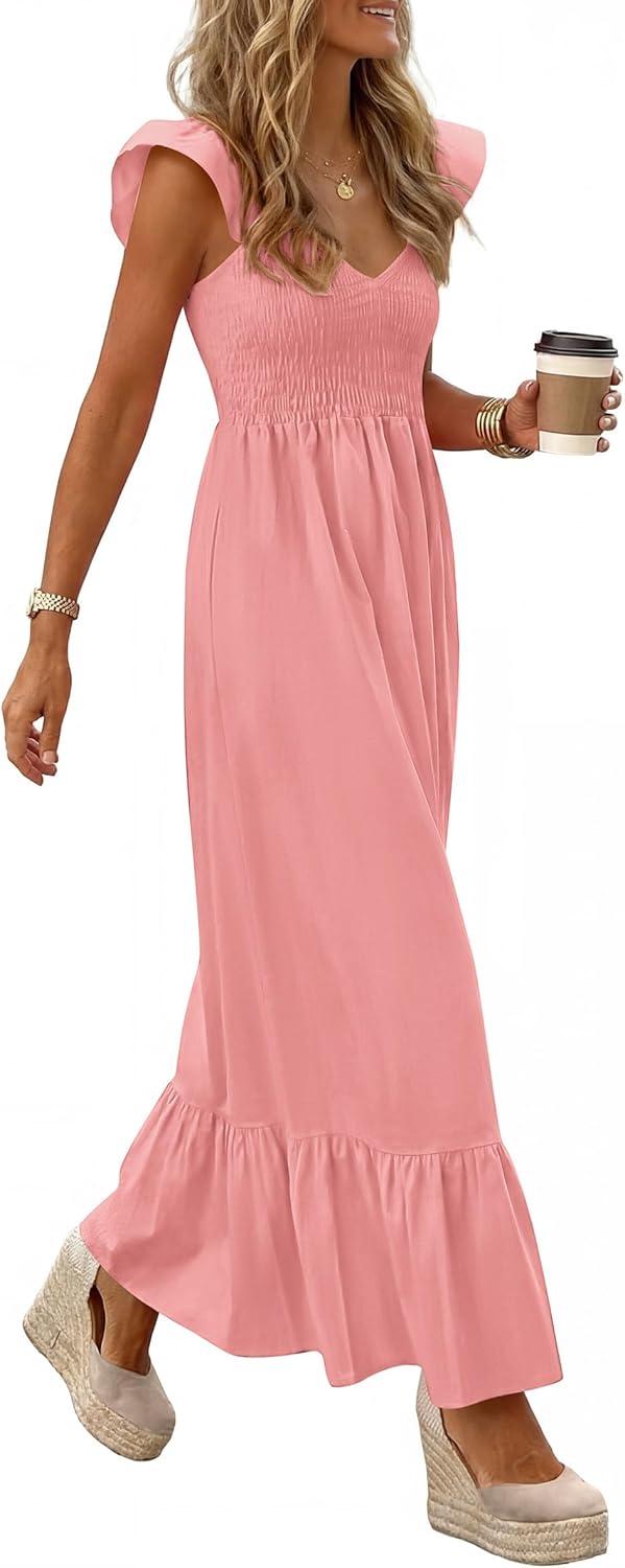 imagePRETTYGARDEN Womens 2026 Summer Casual Maxi Dresses Cap Sleeve V Neck Smocked Long Pockets Party Sundress Vacation OutfitsPink