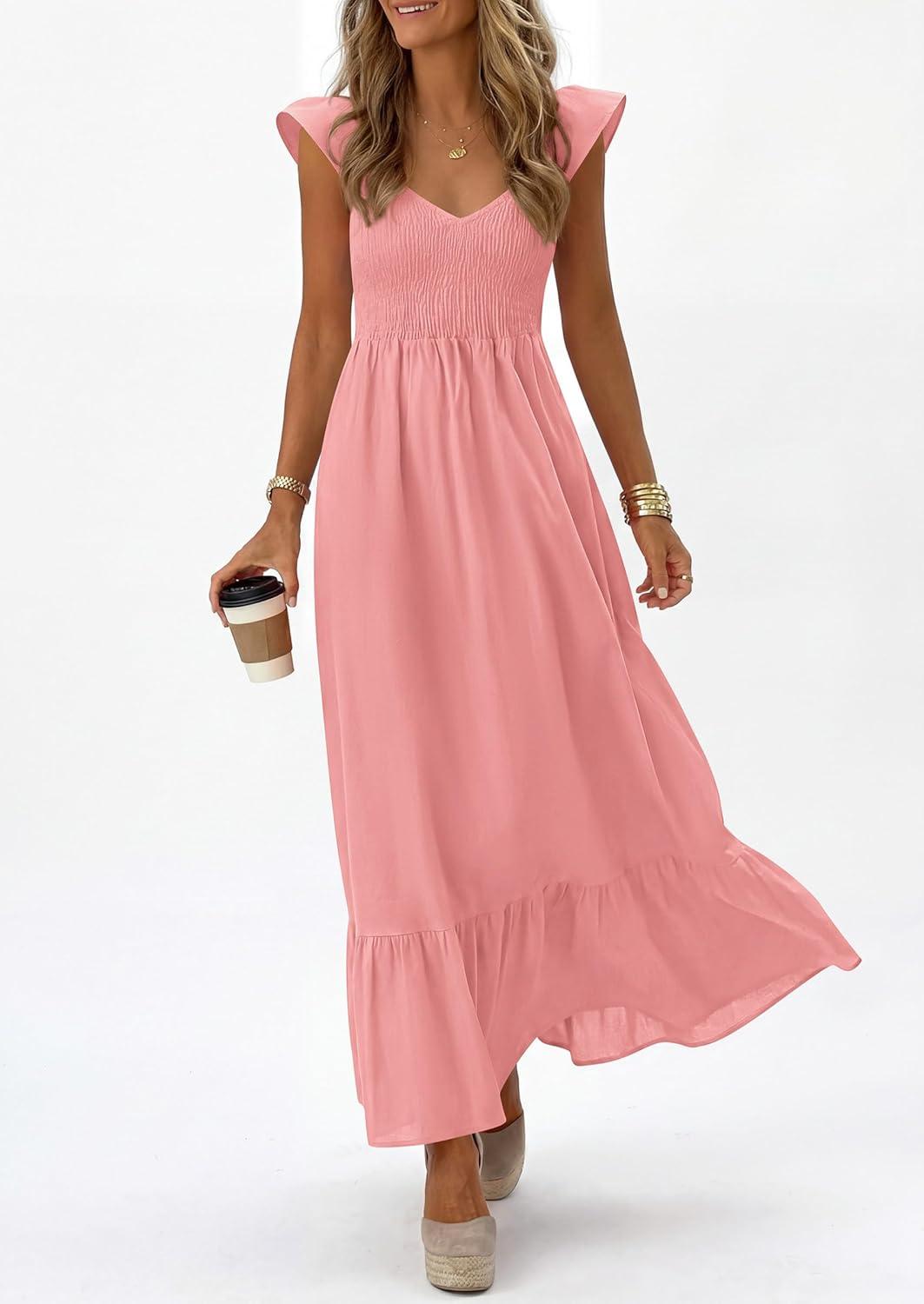imagePRETTYGARDEN Womens 2026 Summer Casual Maxi Dresses Cap Sleeve V Neck Smocked Long Pockets Party Sundress Vacation OutfitsPink