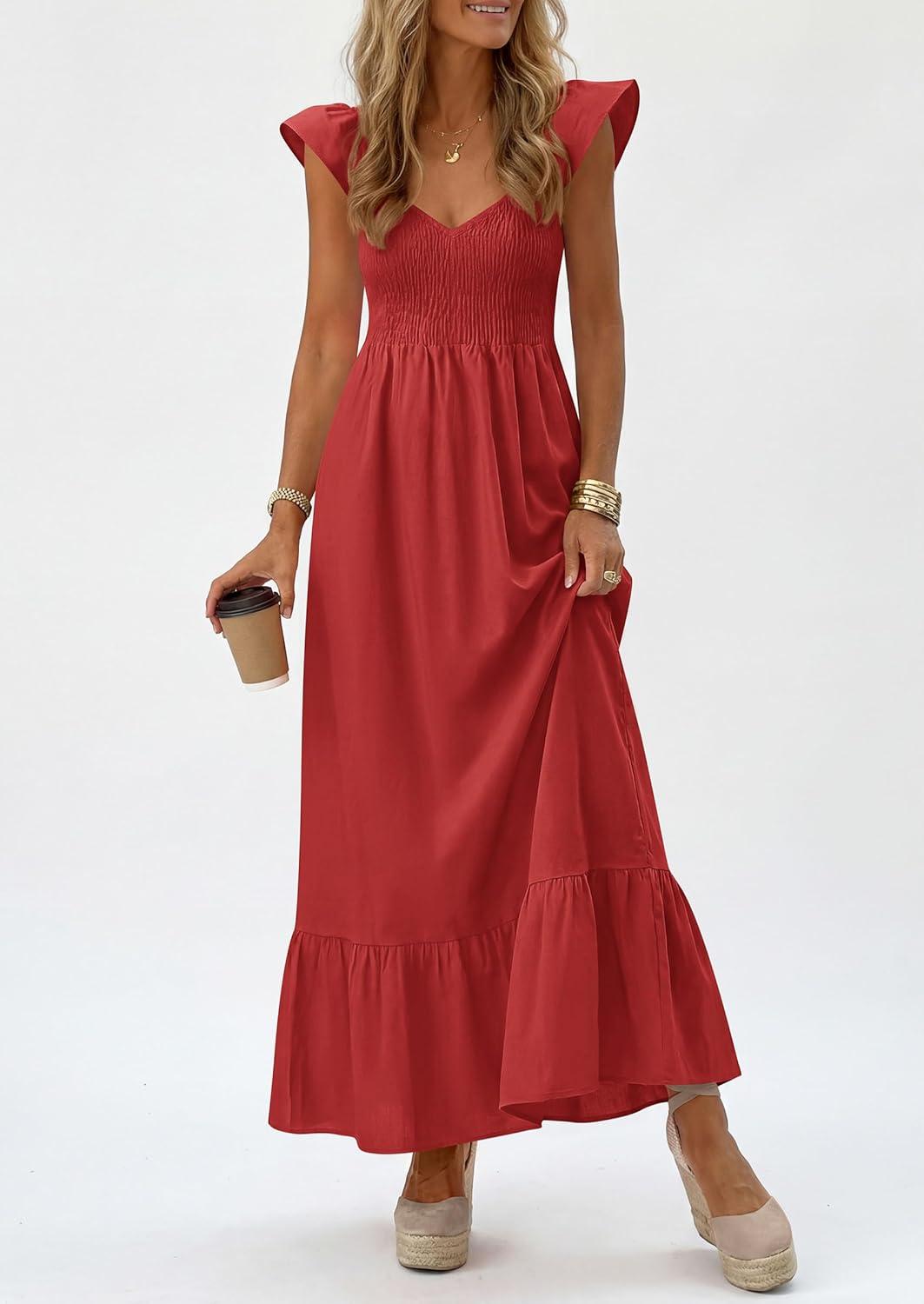 imagePRETTYGARDEN Womens 2026 Summer Casual Maxi Dresses Cap Sleeve V Neck Smocked Long Pockets Party Sundress Vacation OutfitsRed