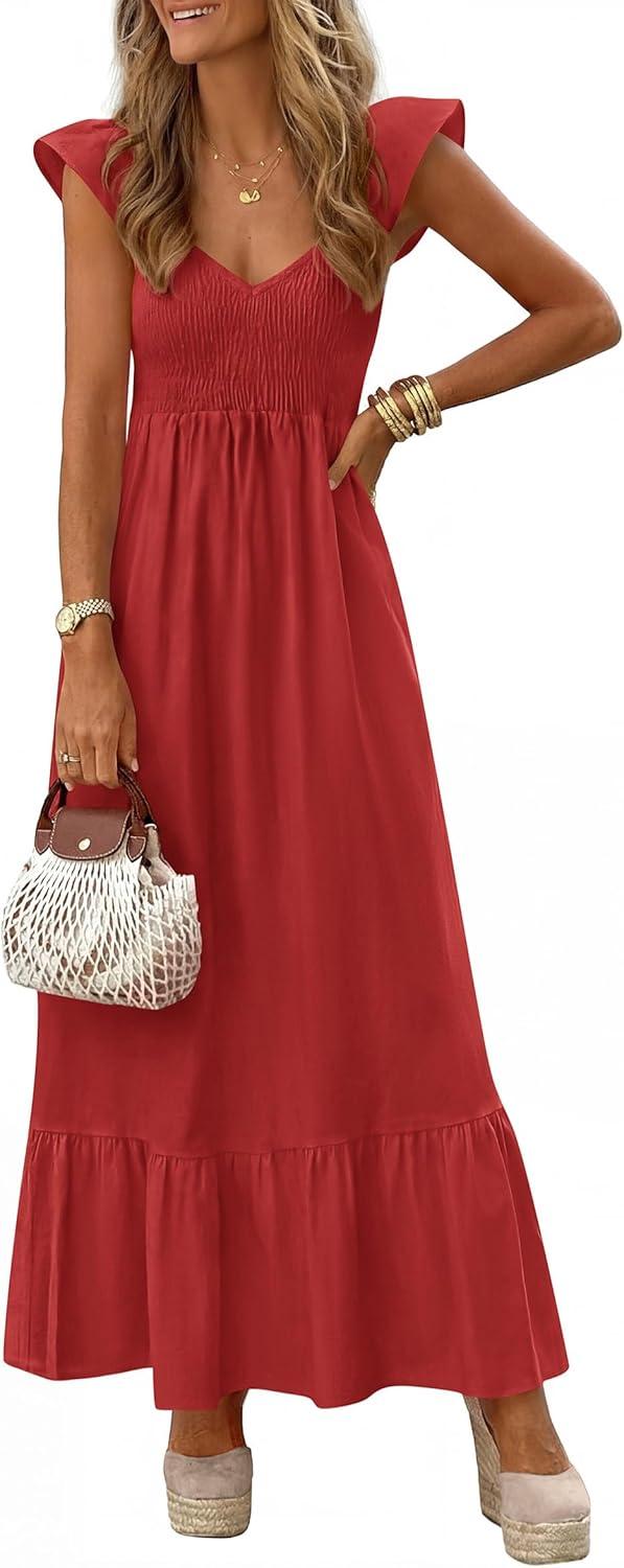 imagePRETTYGARDEN Womens 2026 Summer Casual Maxi Dresses Cap Sleeve V Neck Smocked Long Pockets Party Sundress Vacation OutfitsRed