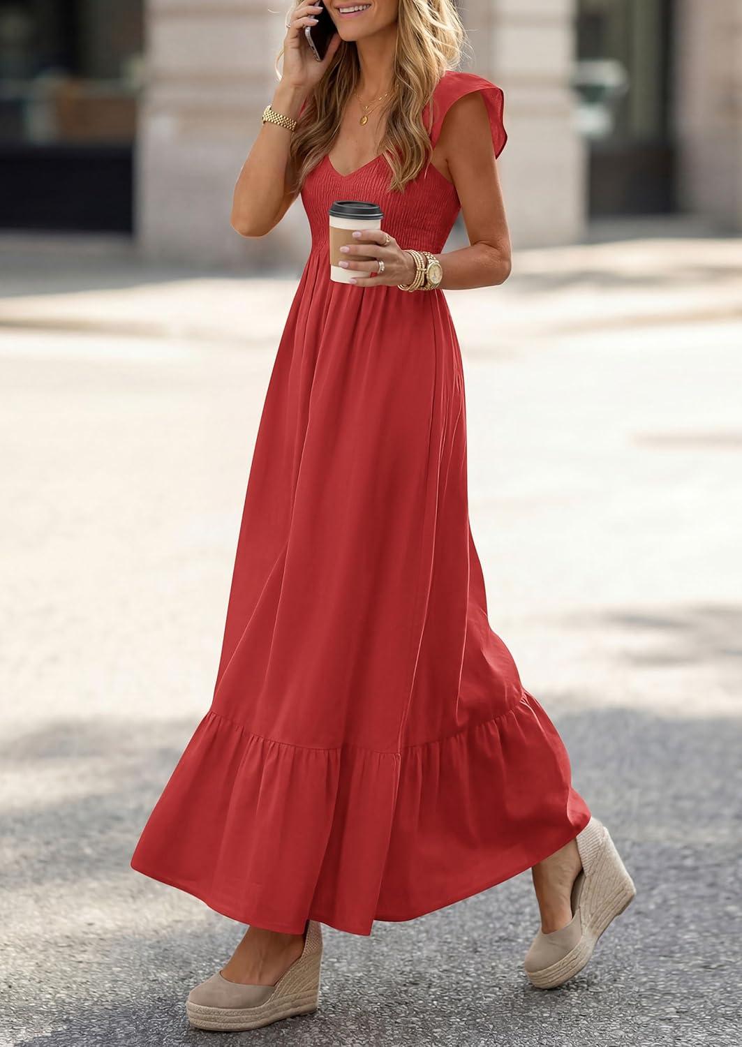 imagePRETTYGARDEN Womens 2026 Summer Casual Maxi Dresses Cap Sleeve V Neck Smocked Long Pockets Party Sundress Vacation OutfitsRed