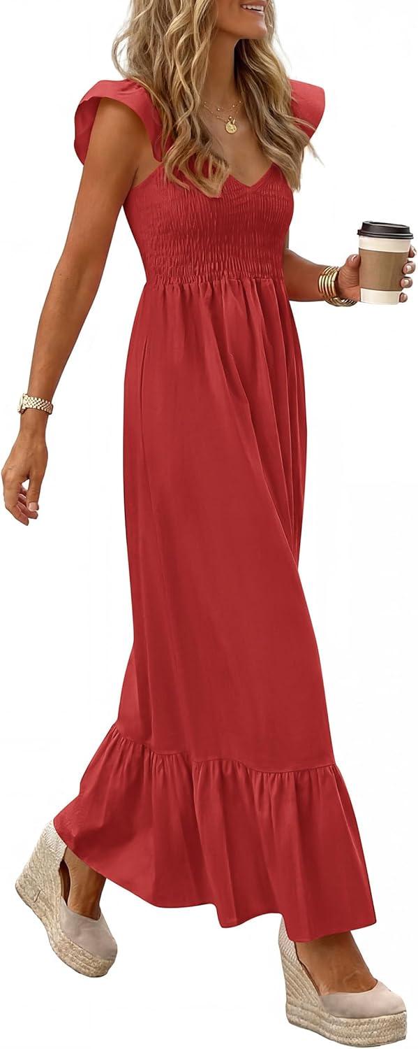 imagePRETTYGARDEN Womens 2026 Summer Casual Maxi Dresses Cap Sleeve V Neck Smocked Long Pockets Party Sundress Vacation OutfitsRed