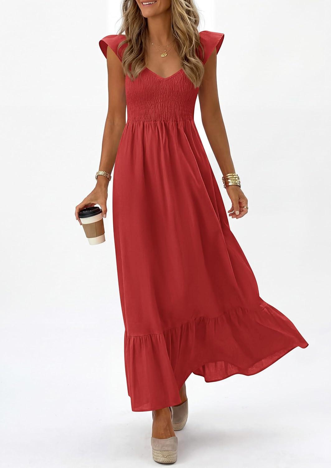imagePRETTYGARDEN Womens 2026 Summer Casual Maxi Dresses Cap Sleeve V Neck Smocked Long Pockets Party Sundress Vacation OutfitsRed