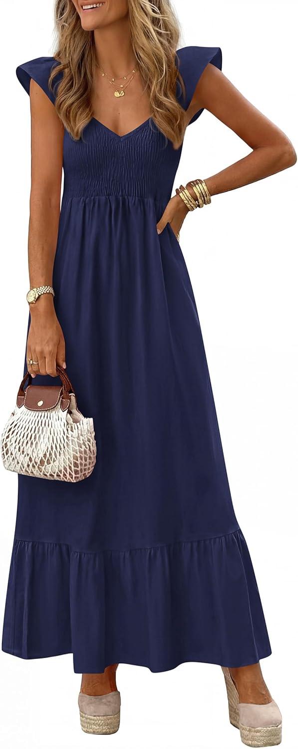 imagePRETTYGARDEN Womens 2026 Summer Casual Maxi Dresses Cap Sleeve V Neck Smocked Long Pockets Party Sundress Vacation OutfitsRoyal Blue