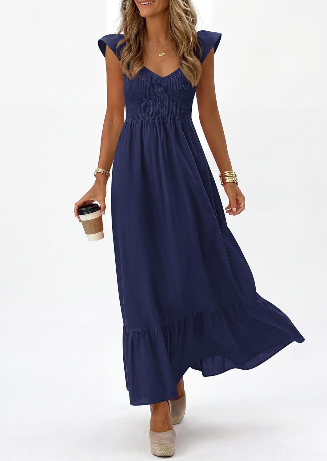 imagePRETTYGARDEN Womens 2026 Summer Casual Maxi Dresses Cap Sleeve V Neck Smocked Long Pockets Party Sundress Vacation OutfitsRoyal Blue
