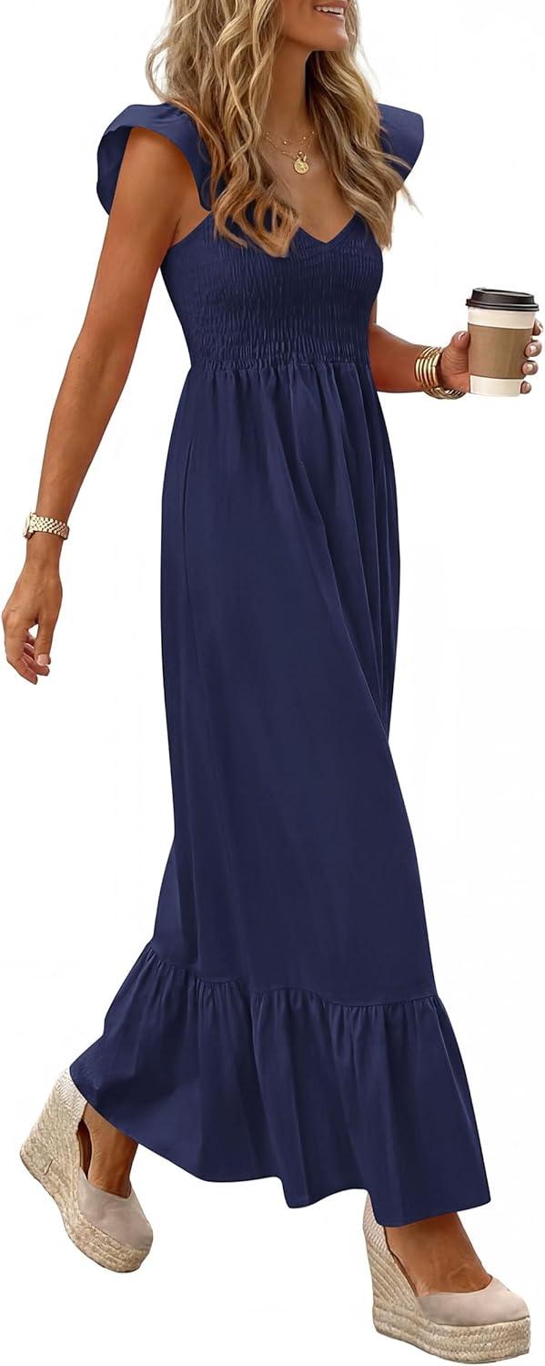 imagePRETTYGARDEN Womens 2026 Summer Casual Maxi Dresses Cap Sleeve V Neck Smocked Long Pockets Party Sundress Vacation OutfitsRoyal Blue