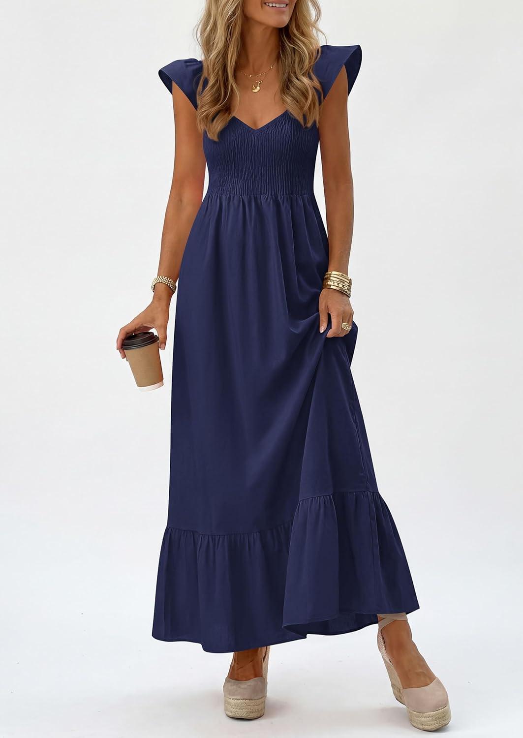imagePRETTYGARDEN Womens 2026 Summer Casual Maxi Dresses Cap Sleeve V Neck Smocked Long Pockets Party Sundress Vacation OutfitsRoyal Blue