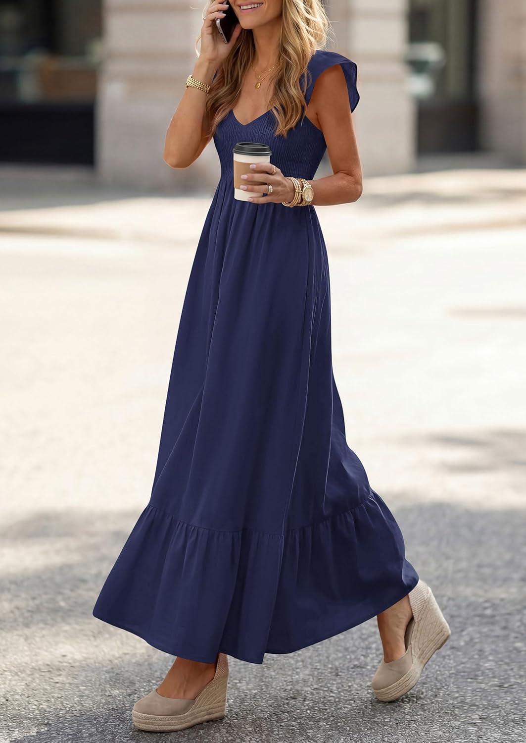 imagePRETTYGARDEN Womens 2026 Summer Casual Maxi Dresses Cap Sleeve V Neck Smocked Long Pockets Party Sundress Vacation OutfitsRoyal Blue
