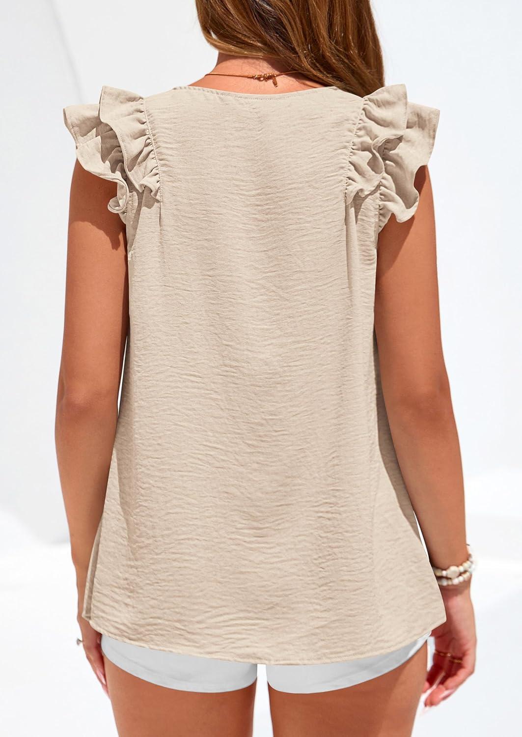 imagePRETTYGARDEN Womens Blouses Dressy Casual 2026 Summer V Neck Ruffle Cap Sleeve Business Work Tops Spring Teacher ShirtsBeige