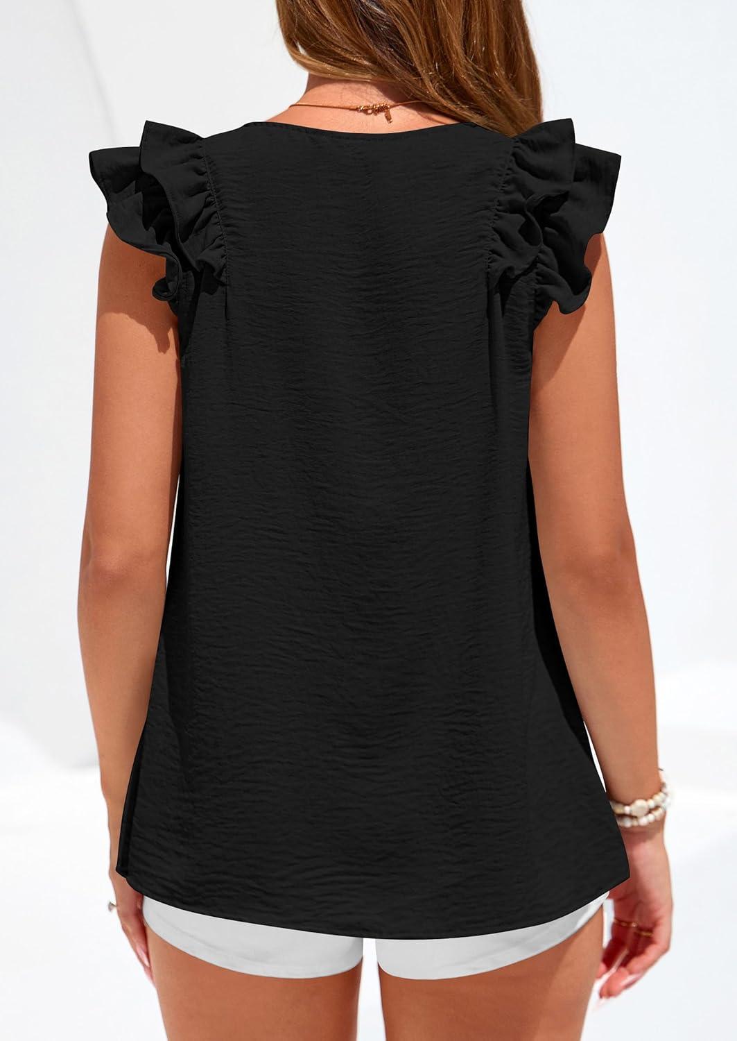 imagePRETTYGARDEN Womens Blouses Dressy Casual 2026 Summer V Neck Ruffle Cap Sleeve Business Work Tops Spring Teacher ShirtsBlack