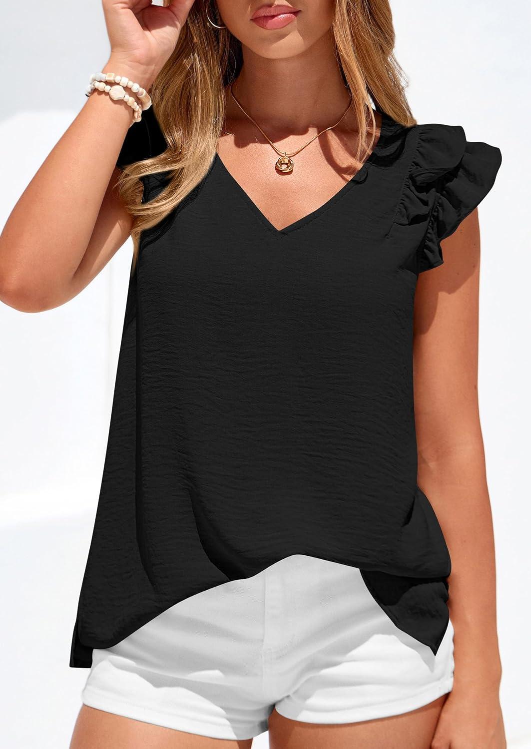 imagePRETTYGARDEN Womens Blouses Dressy Casual 2026 Summer V Neck Ruffle Cap Sleeve Business Work Tops Spring Teacher ShirtsBlack