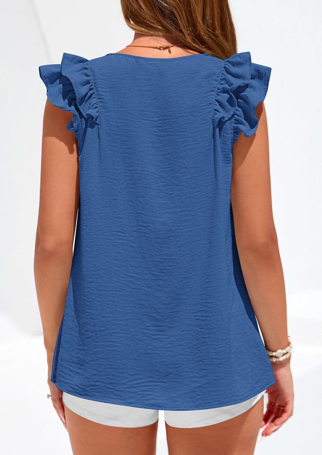imagePRETTYGARDEN Womens Blouses Dressy Casual 2026 Summer V Neck Ruffle Cap Sleeve Business Work Tops Spring Teacher ShirtsBlue