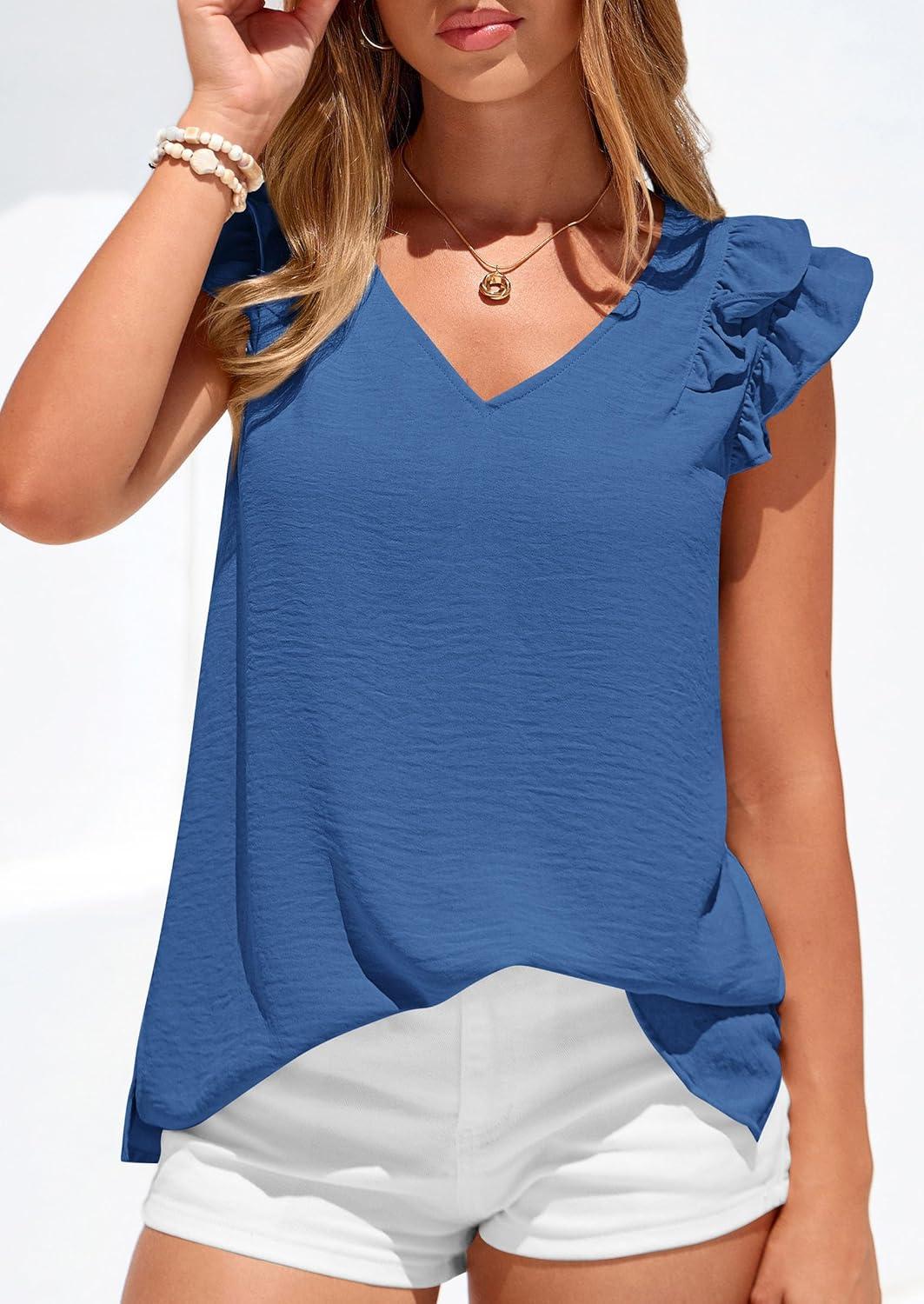 imagePRETTYGARDEN Womens Blouses Dressy Casual 2026 Summer V Neck Ruffle Cap Sleeve Business Work Tops Spring Teacher ShirtsBlue