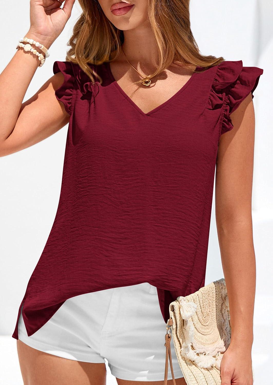 imagePRETTYGARDEN Womens Blouses Dressy Casual 2026 Summer V Neck Ruffle Cap Sleeve Business Work Tops Spring Teacher ShirtsBurgundy
