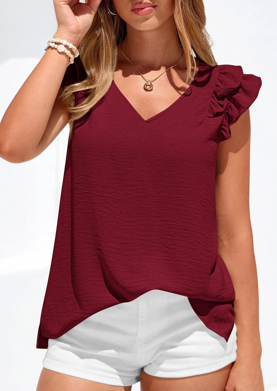 imagePRETTYGARDEN Womens Blouses Dressy Casual 2026 Summer V Neck Ruffle Cap Sleeve Business Work Tops Spring Teacher ShirtsBurgundy