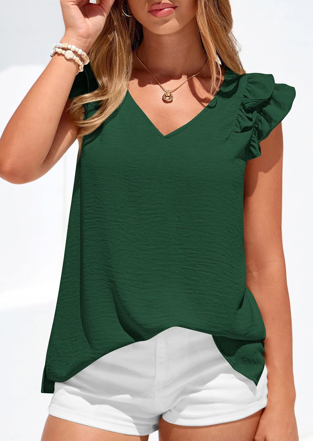 imagePRETTYGARDEN Womens Blouses Dressy Casual 2026 Summer V Neck Ruffle Cap Sleeve Business Work Tops Spring Teacher ShirtsDark Green