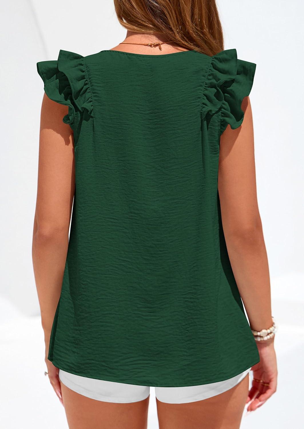 imagePRETTYGARDEN Womens Blouses Dressy Casual 2026 Summer V Neck Ruffle Cap Sleeve Business Work Tops Spring Teacher ShirtsDark Green