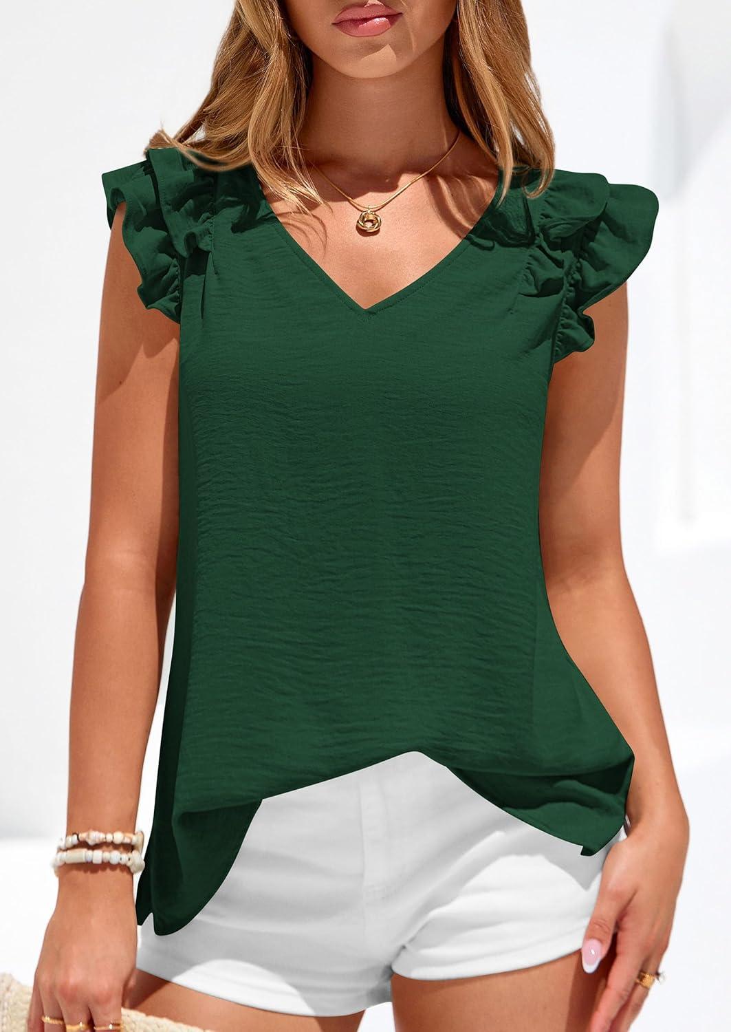 imagePRETTYGARDEN Womens Blouses Dressy Casual 2026 Summer V Neck Ruffle Cap Sleeve Business Work Tops Spring Teacher ShirtsDark Green