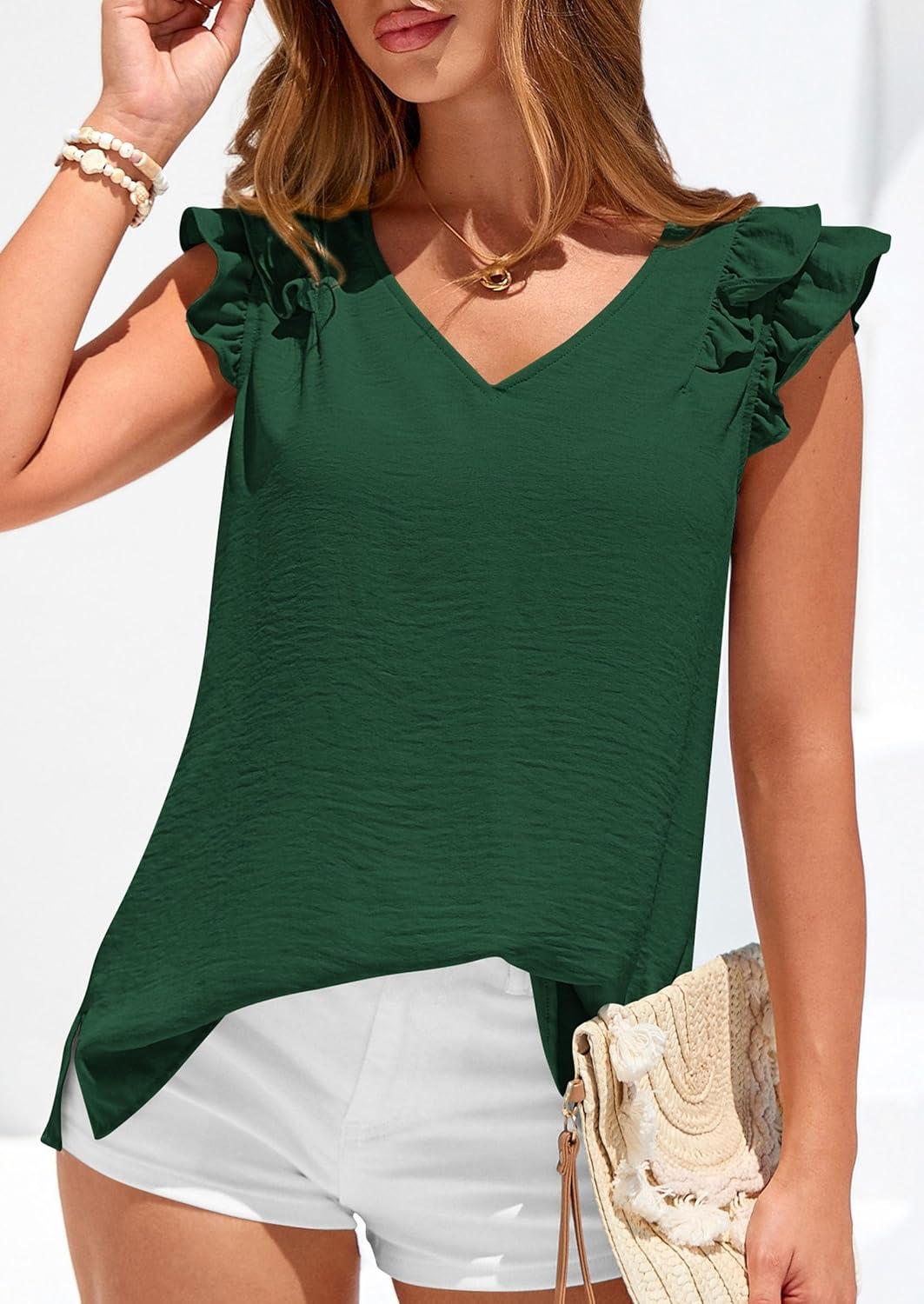 imagePRETTYGARDEN Womens Blouses Dressy Casual 2026 Summer V Neck Ruffle Cap Sleeve Business Work Tops Spring Teacher ShirtsDark Green