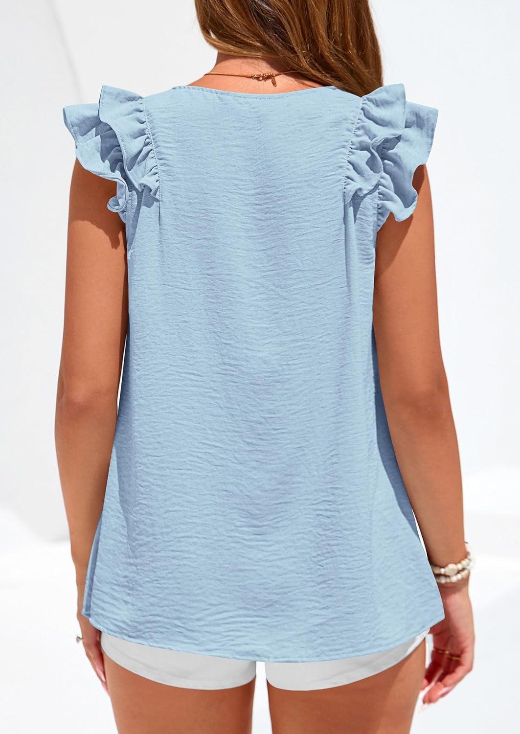 imagePRETTYGARDEN Womens Blouses Dressy Casual 2026 Summer V Neck Ruffle Cap Sleeve Business Work Tops Spring Teacher ShirtsLight Blue