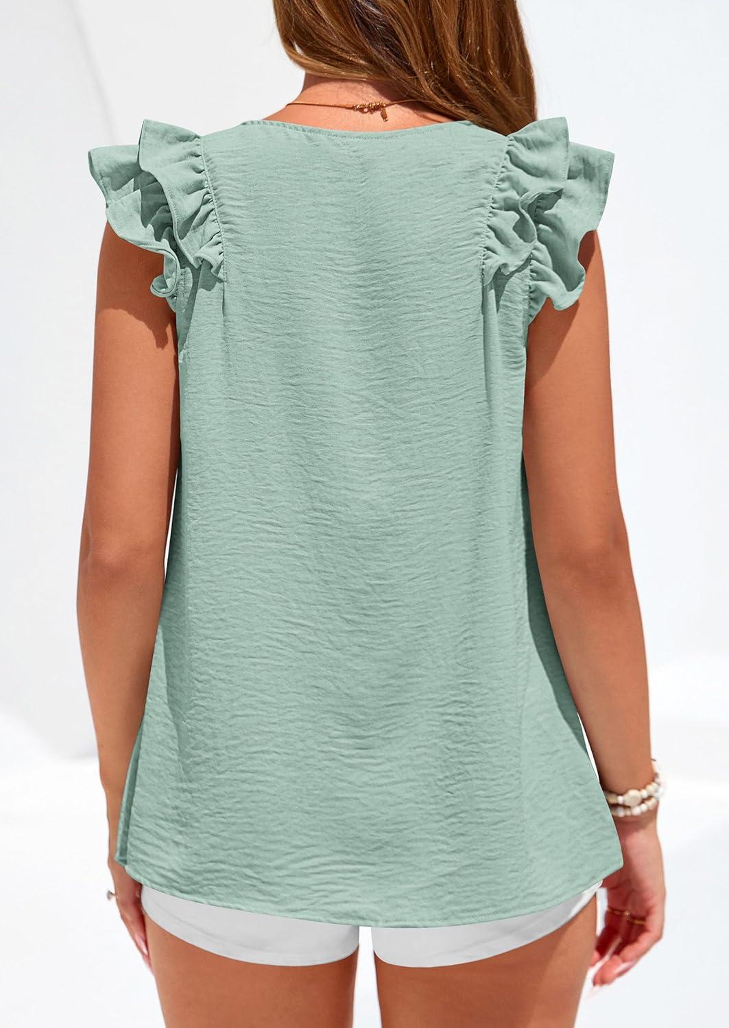 imagePRETTYGARDEN Womens Blouses Dressy Casual 2026 Summer V Neck Ruffle Cap Sleeve Business Work Tops Spring Teacher ShirtsLight Green