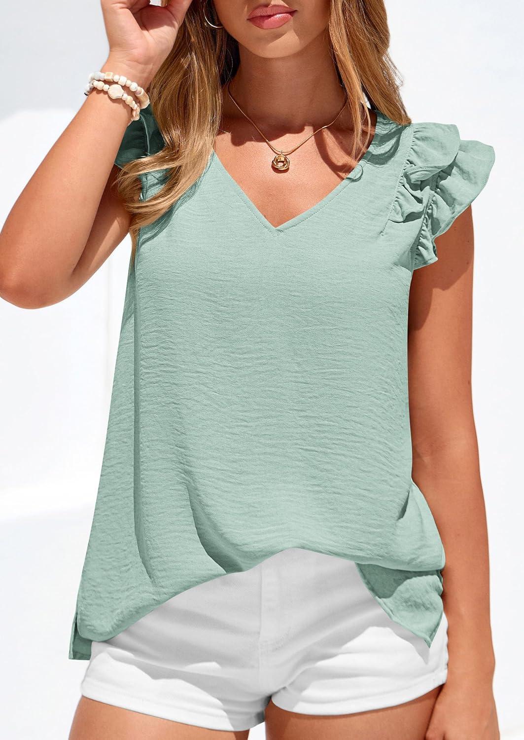 imagePRETTYGARDEN Womens Blouses Dressy Casual 2026 Summer V Neck Ruffle Cap Sleeve Business Work Tops Spring Teacher ShirtsLight Green