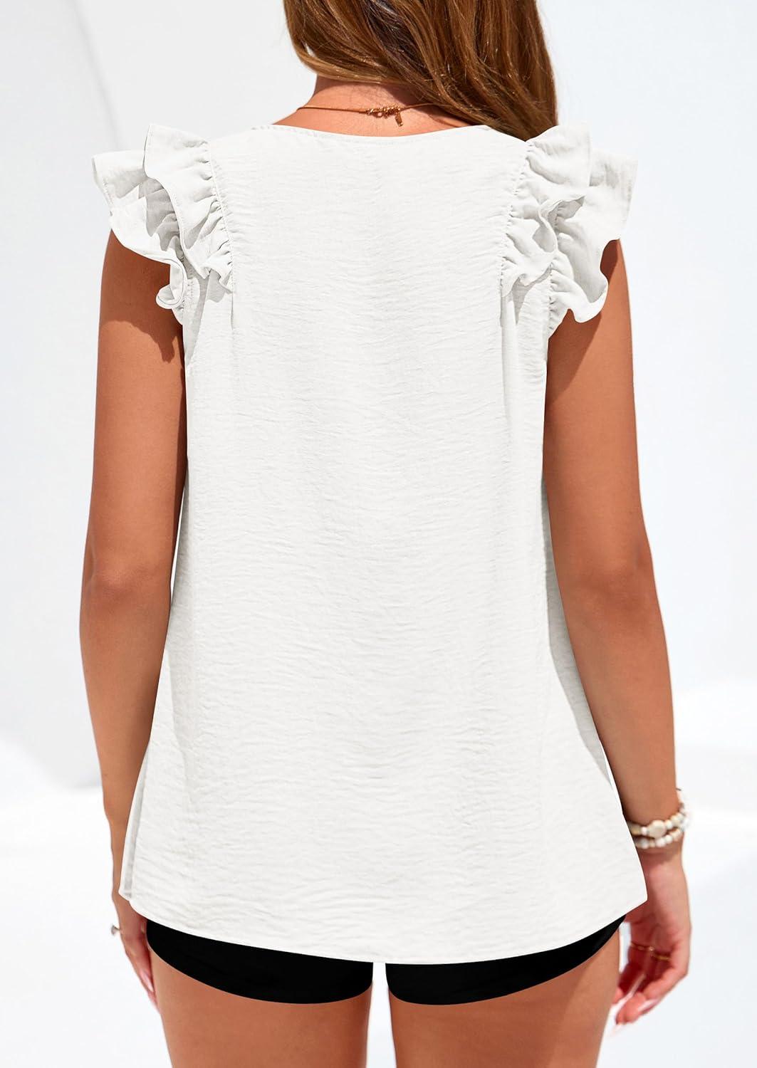 imagePRETTYGARDEN Womens Blouses Dressy Casual 2026 Summer V Neck Ruffle Cap Sleeve Business Work Tops Spring Teacher ShirtsWhite