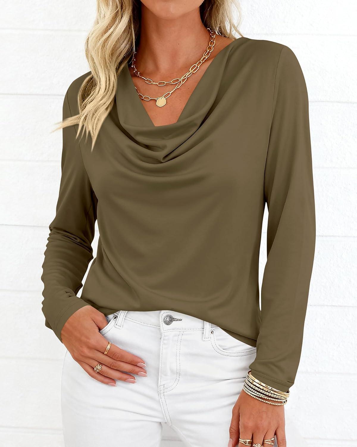 imagePRETTYGARDEN Womens Spring Tops 2026 Dressy Cowl Neck Long Sleeve Shirts Loose Business Casual Blouses Teacher Tunic TopArmy Green