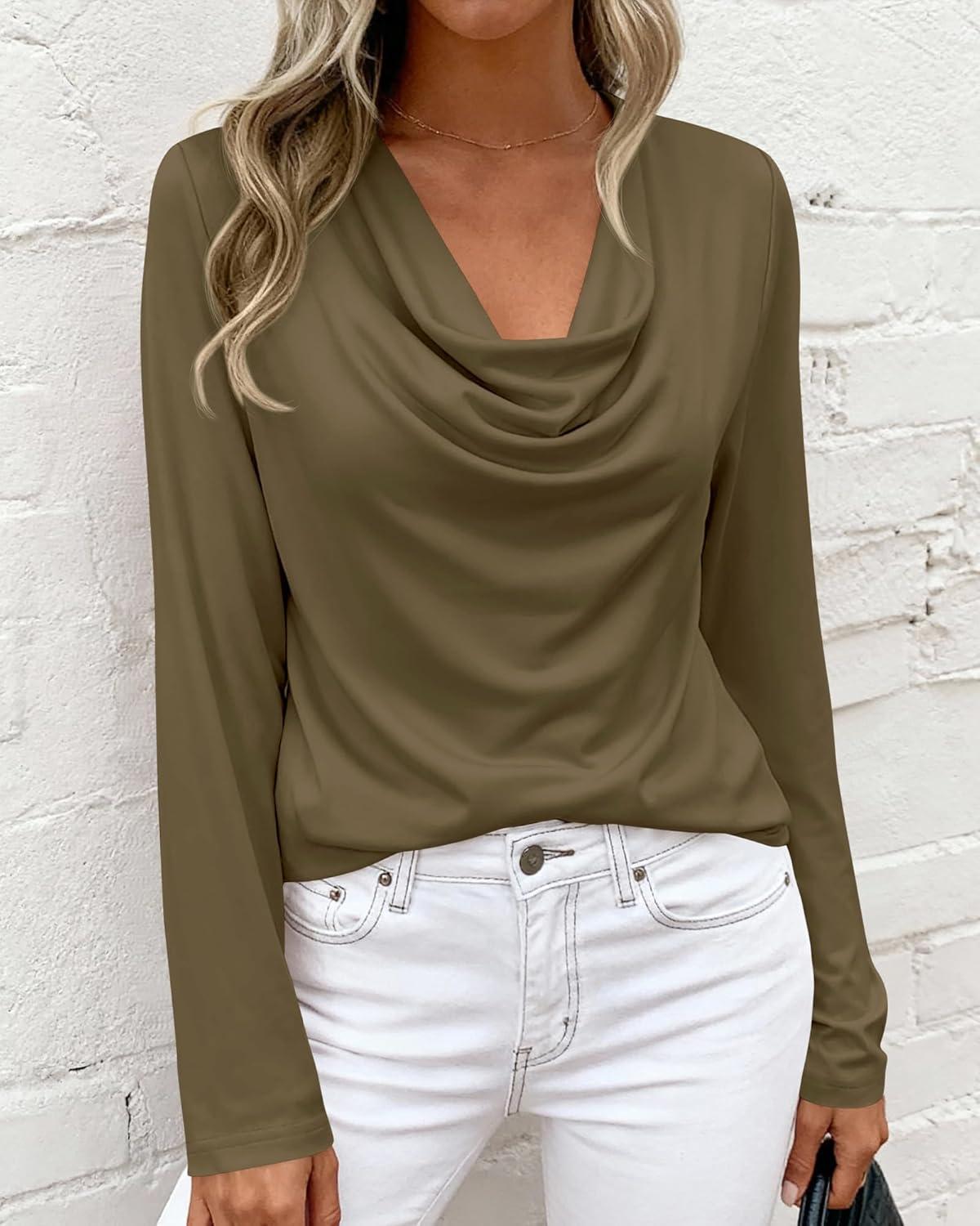 imagePRETTYGARDEN Womens Spring Tops 2026 Dressy Cowl Neck Long Sleeve Shirts Loose Business Casual Blouses Teacher Tunic TopArmy Green