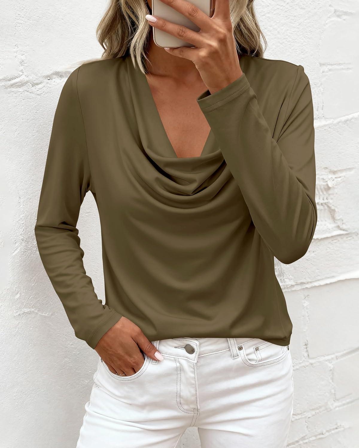 imagePRETTYGARDEN Womens Spring Tops 2026 Dressy Cowl Neck Long Sleeve Shirts Loose Business Casual Blouses Teacher Tunic TopArmy Green