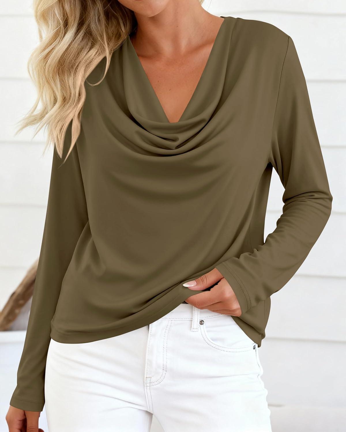imagePRETTYGARDEN Womens Spring Tops 2026 Dressy Cowl Neck Long Sleeve Shirts Loose Business Casual Blouses Teacher Tunic TopArmy Green