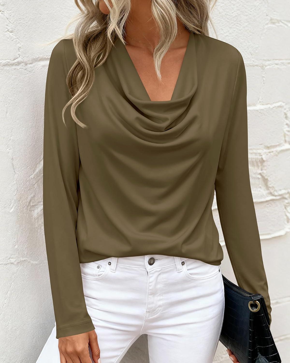 imagePRETTYGARDEN Womens Spring Tops 2026 Dressy Cowl Neck Long Sleeve Shirts Loose Business Casual Blouses Teacher Tunic TopArmy Green