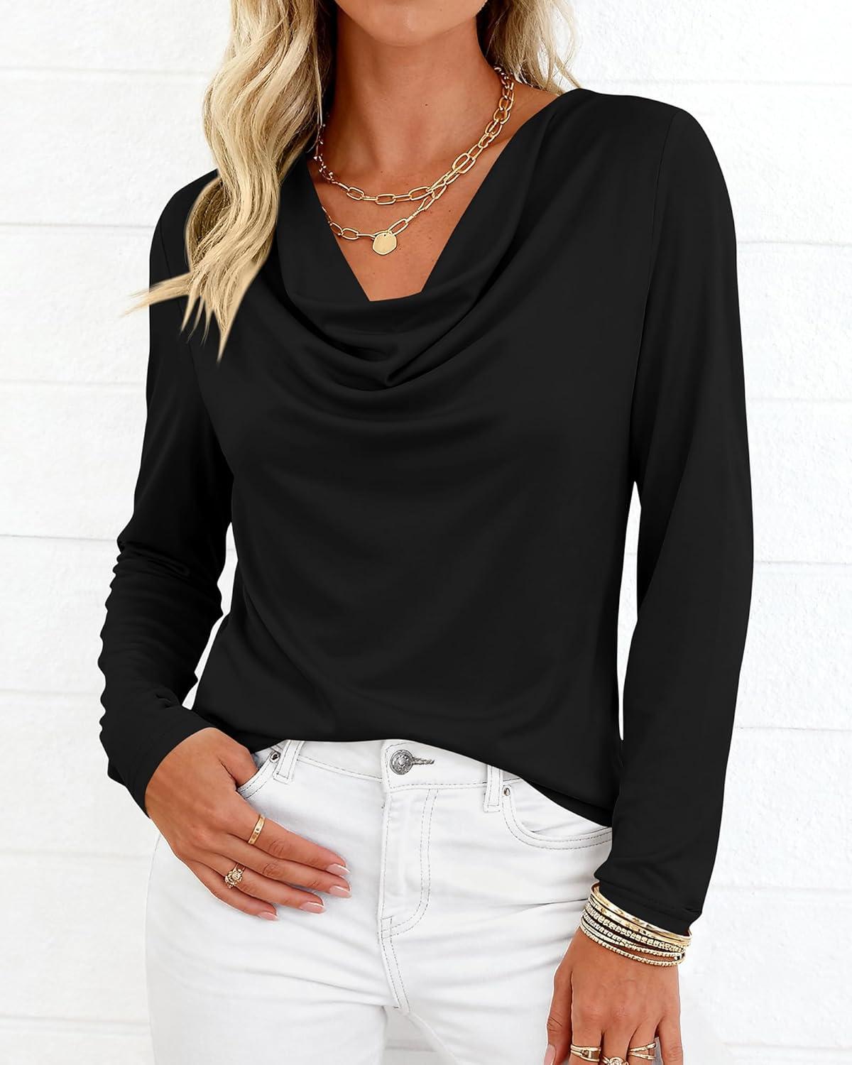imagePRETTYGARDEN Womens Spring Tops 2026 Dressy Cowl Neck Long Sleeve Shirts Loose Business Casual Blouses Teacher Tunic TopBlack