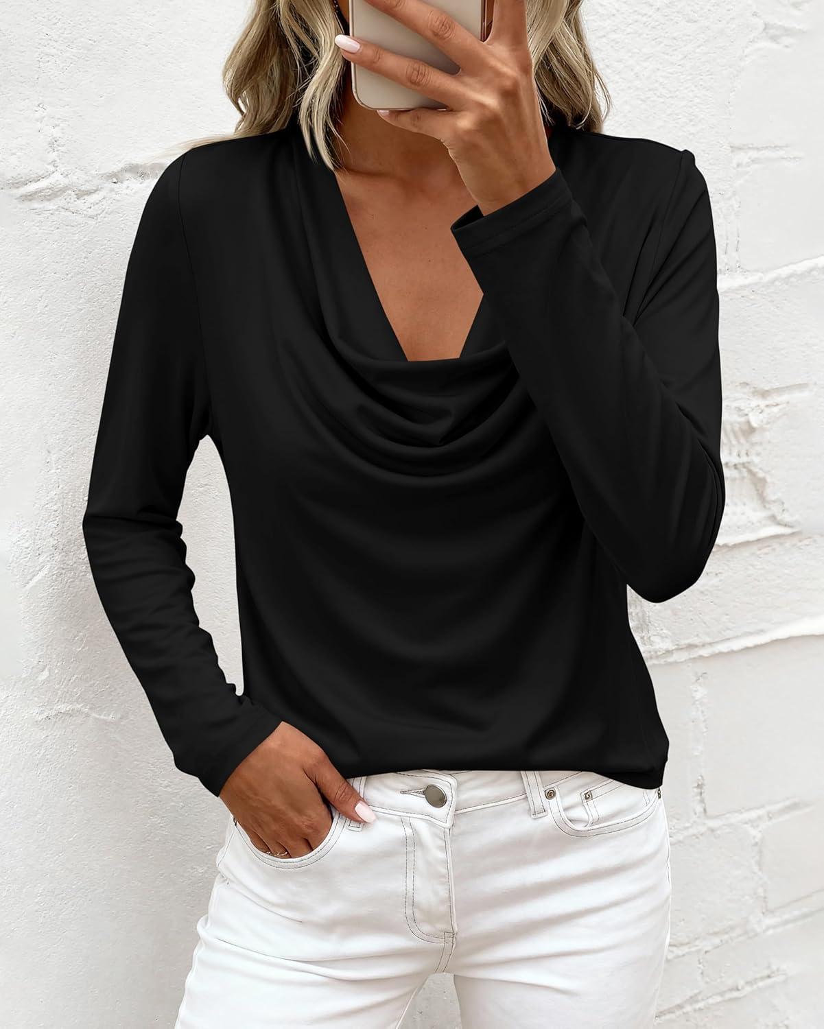 imagePRETTYGARDEN Womens Spring Tops 2026 Dressy Cowl Neck Long Sleeve Shirts Loose Business Casual Blouses Teacher Tunic TopBlack