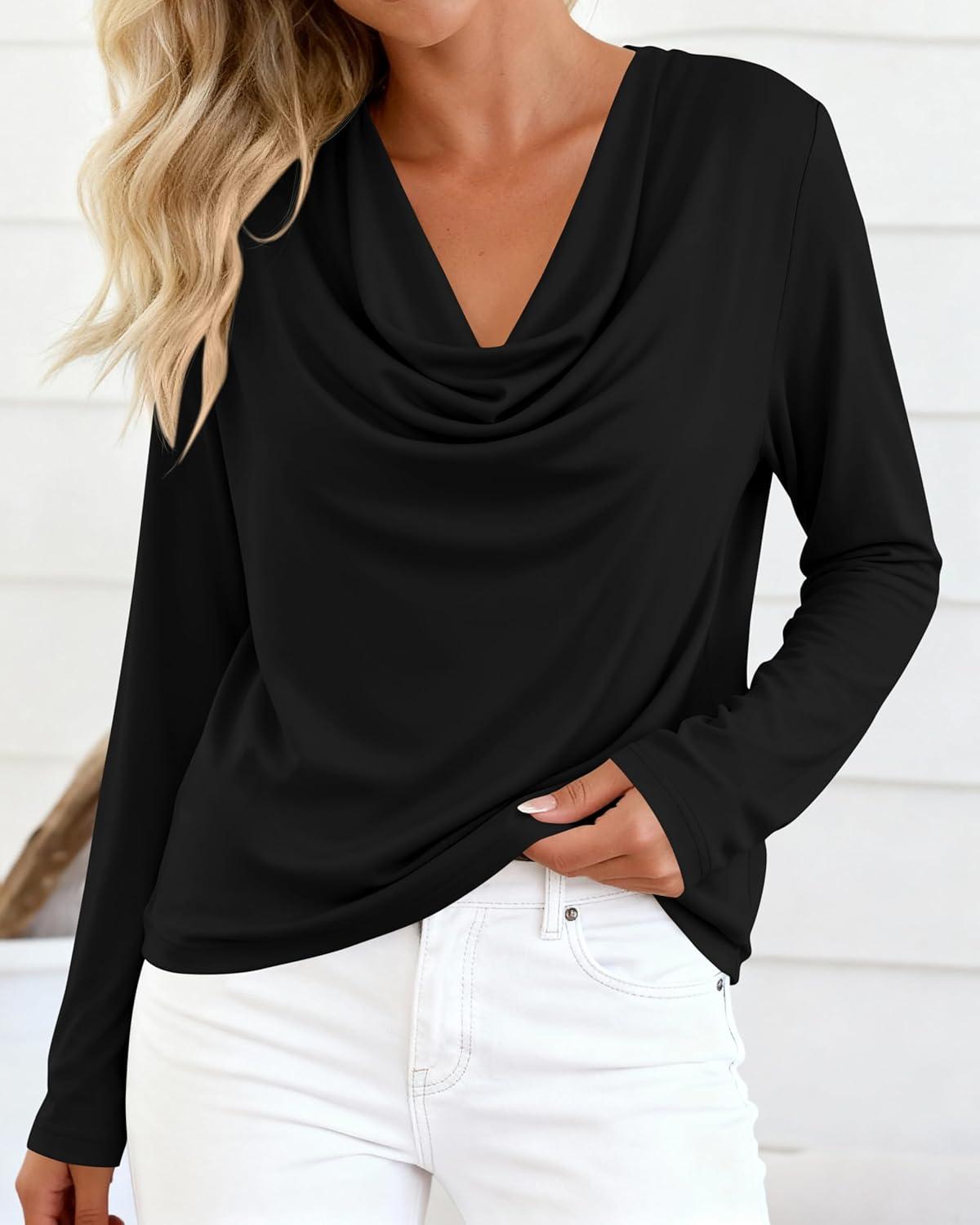 imagePRETTYGARDEN Womens Spring Tops 2026 Dressy Cowl Neck Long Sleeve Shirts Loose Business Casual Blouses Teacher Tunic TopBlack