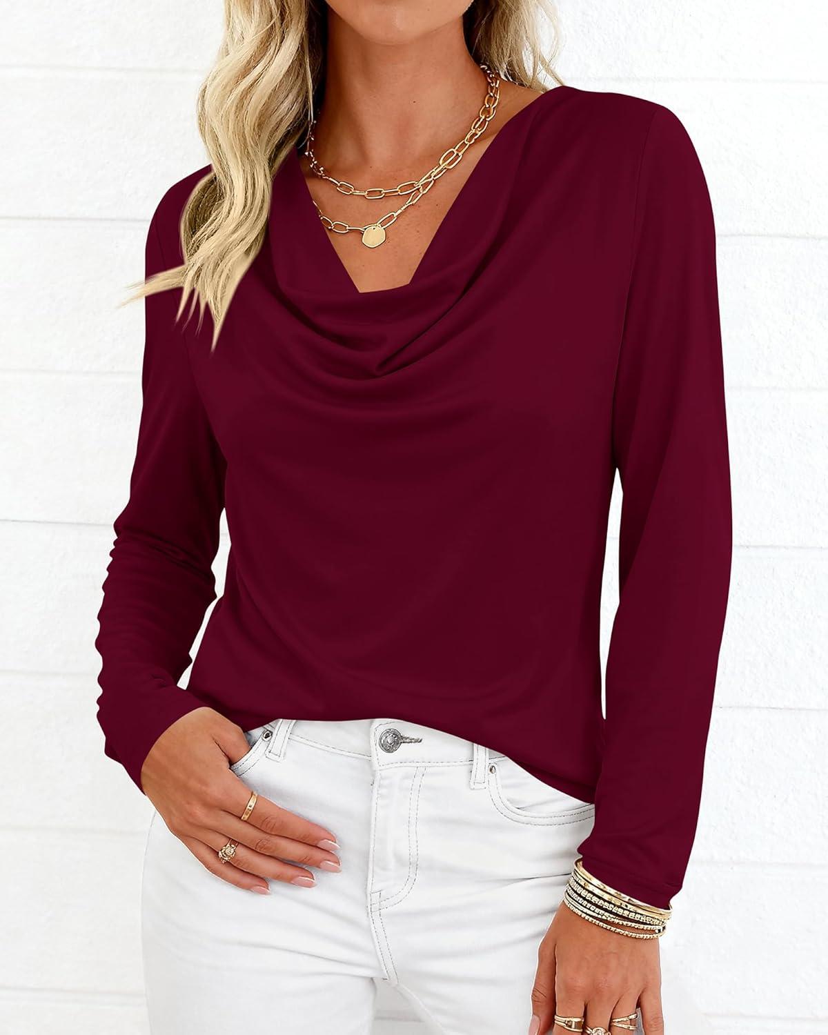 imagePRETTYGARDEN Womens Spring Tops 2026 Dressy Cowl Neck Long Sleeve Shirts Loose Business Casual Blouses Teacher Tunic TopBurgundy