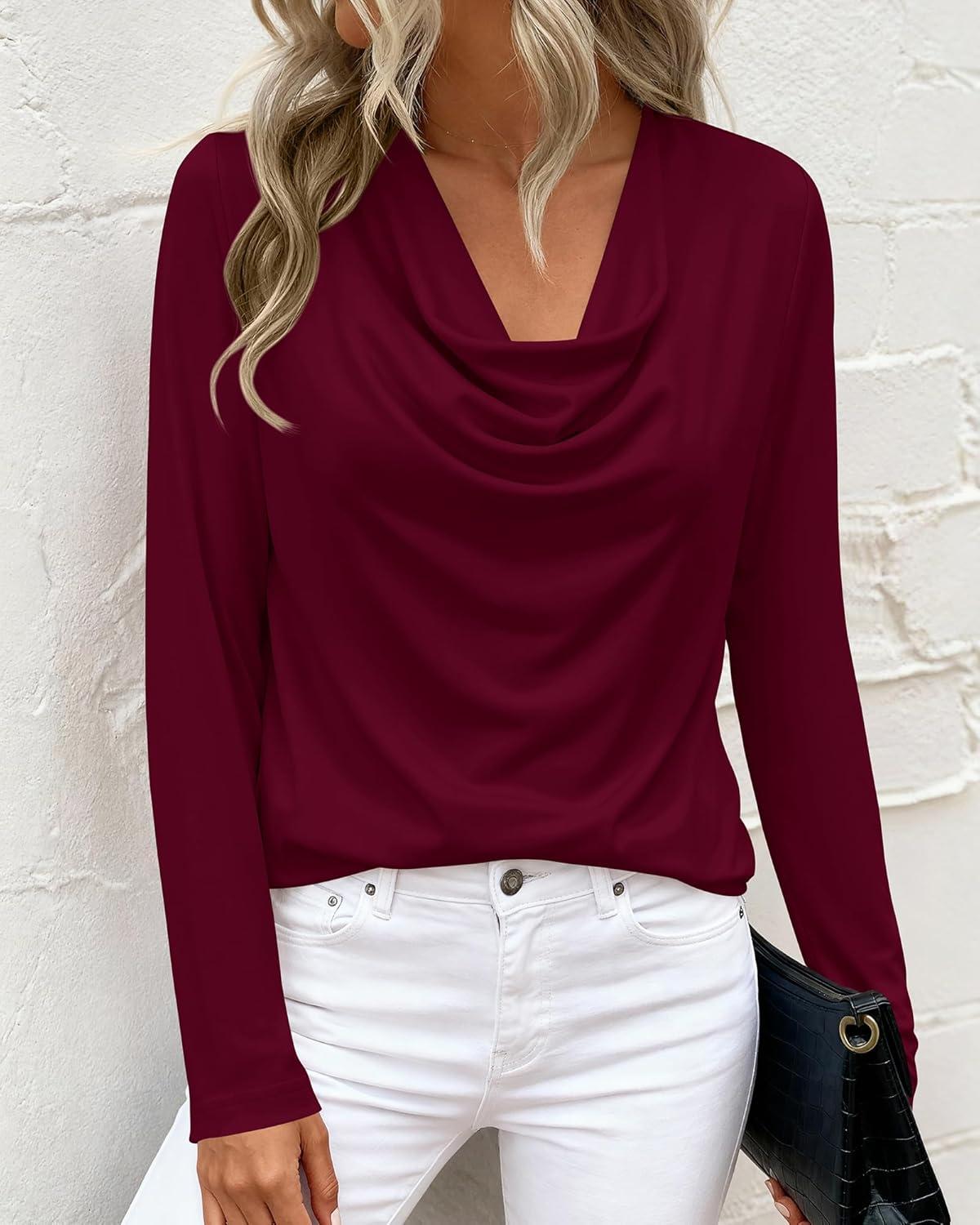 imagePRETTYGARDEN Womens Spring Tops 2026 Dressy Cowl Neck Long Sleeve Shirts Loose Business Casual Blouses Teacher Tunic TopBurgundy
