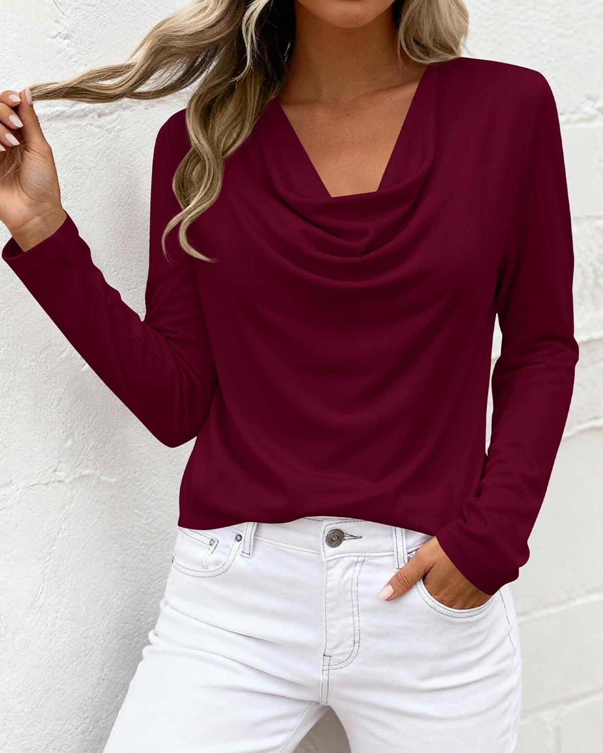 imagePRETTYGARDEN Womens Spring Tops 2026 Dressy Cowl Neck Long Sleeve Shirts Loose Business Casual Blouses Teacher Tunic TopBurgundy