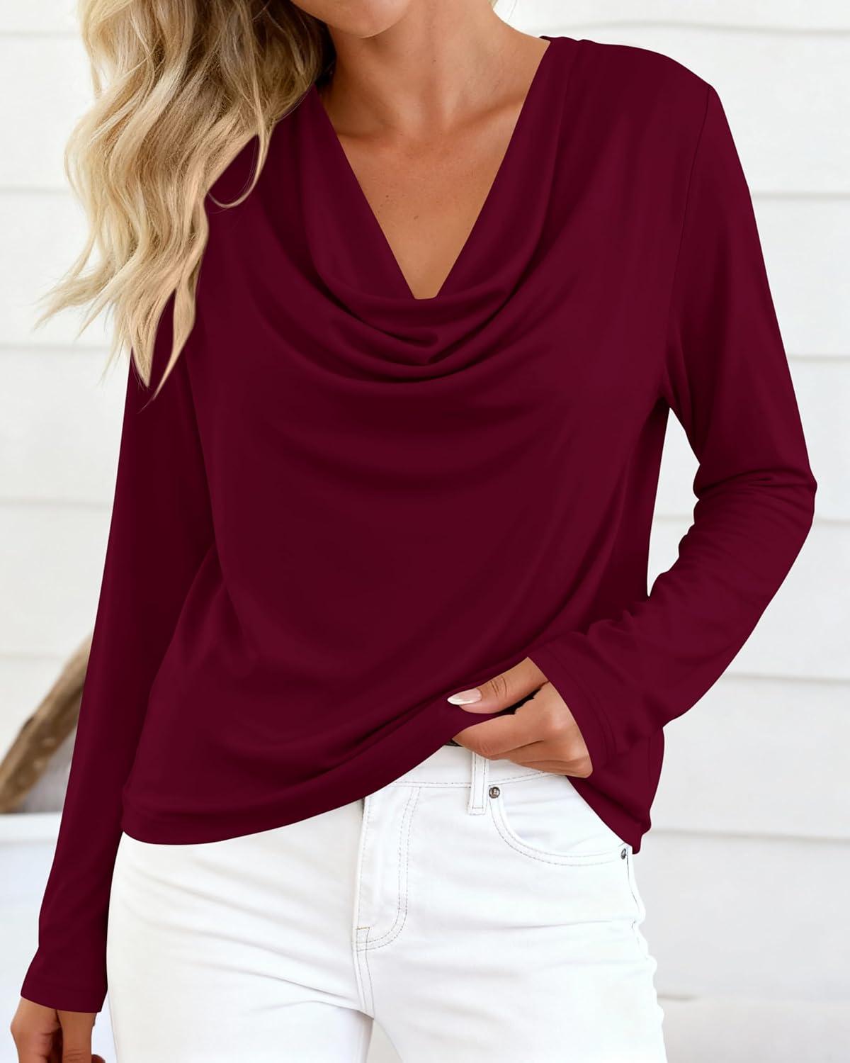 imagePRETTYGARDEN Womens Spring Tops 2026 Dressy Cowl Neck Long Sleeve Shirts Loose Business Casual Blouses Teacher Tunic TopBurgundy
