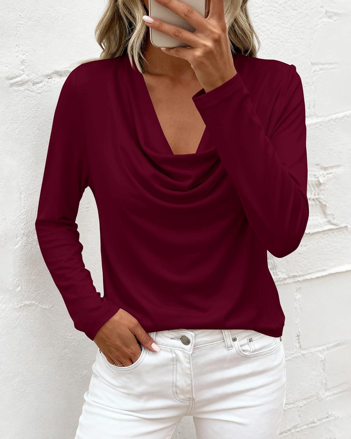 imagePRETTYGARDEN Womens Spring Tops 2026 Dressy Cowl Neck Long Sleeve Shirts Loose Business Casual Blouses Teacher Tunic TopBurgundy