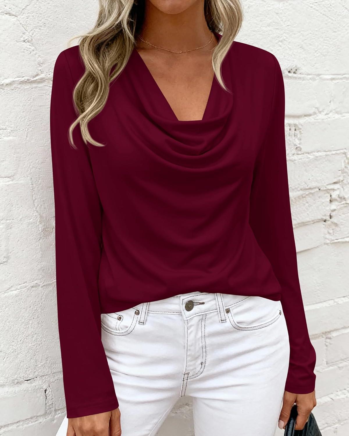 imagePRETTYGARDEN Womens Spring Tops 2026 Dressy Cowl Neck Long Sleeve Shirts Loose Business Casual Blouses Teacher Tunic TopBurgundy