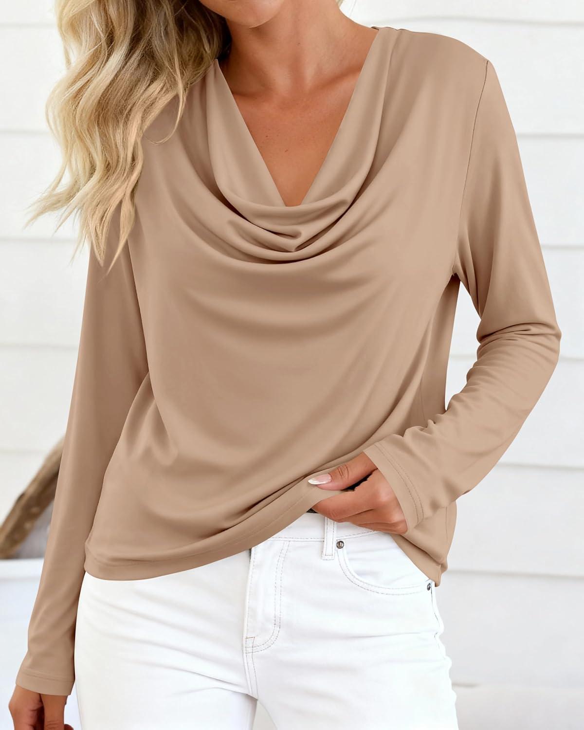 imagePRETTYGARDEN Womens Spring Tops 2026 Dressy Cowl Neck Long Sleeve Shirts Loose Business Casual Blouses Teacher Tunic TopKhaki