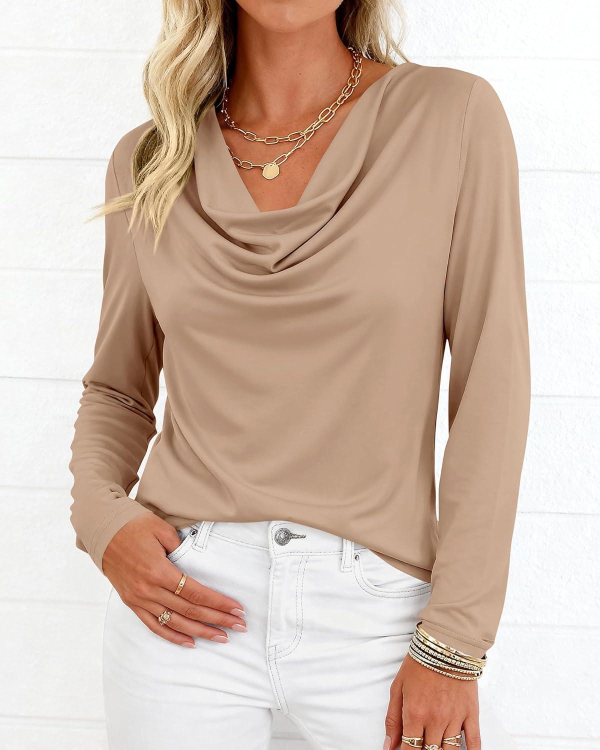imagePRETTYGARDEN Womens Spring Tops 2026 Dressy Cowl Neck Long Sleeve Shirts Loose Business Casual Blouses Teacher Tunic TopKhaki