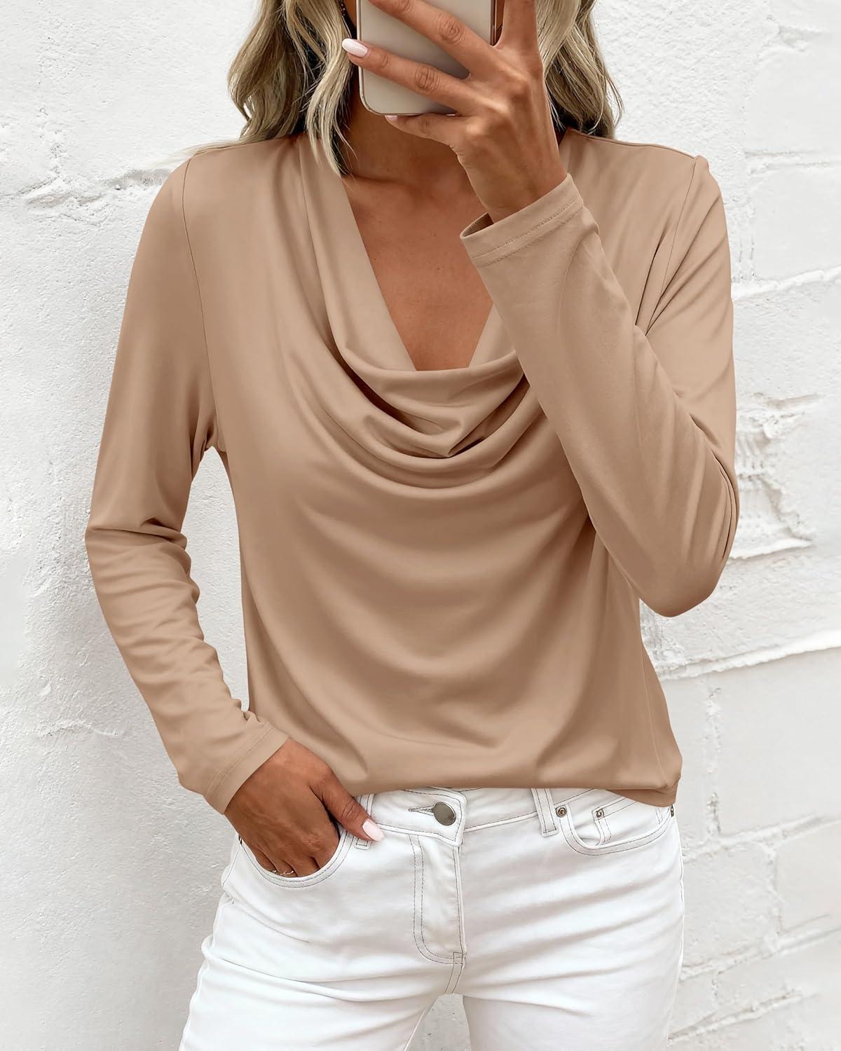 imagePRETTYGARDEN Womens Spring Tops 2026 Dressy Cowl Neck Long Sleeve Shirts Loose Business Casual Blouses Teacher Tunic TopKhaki