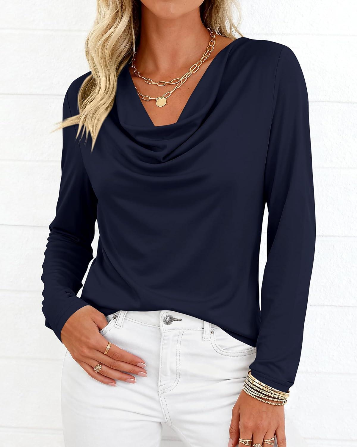 imagePRETTYGARDEN Womens Spring Tops 2026 Dressy Cowl Neck Long Sleeve Shirts Loose Business Casual Blouses Teacher Tunic TopNavy Blue