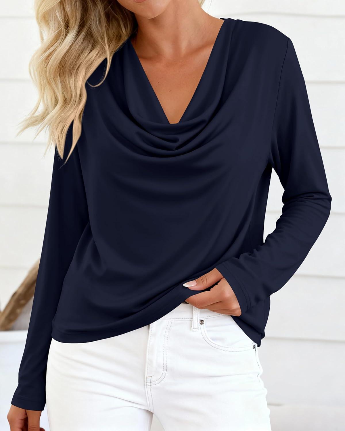 imagePRETTYGARDEN Womens Spring Tops 2026 Dressy Cowl Neck Long Sleeve Shirts Loose Business Casual Blouses Teacher Tunic TopNavy Blue