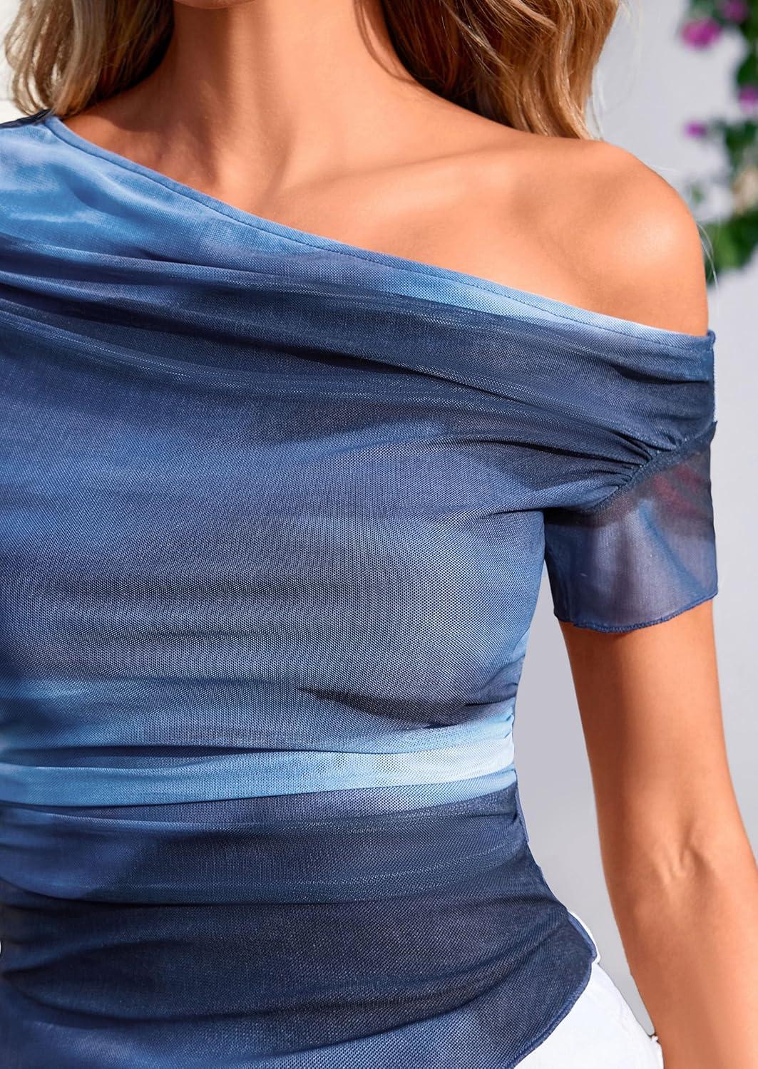 imagePRETTYGARDEN Womens Summer Off The Shoulder Tops 2026 Spring Short Sleeve Mesh Tie Dye Shirt Ruched Asymmetrical Y2k ClothesGradient Blue