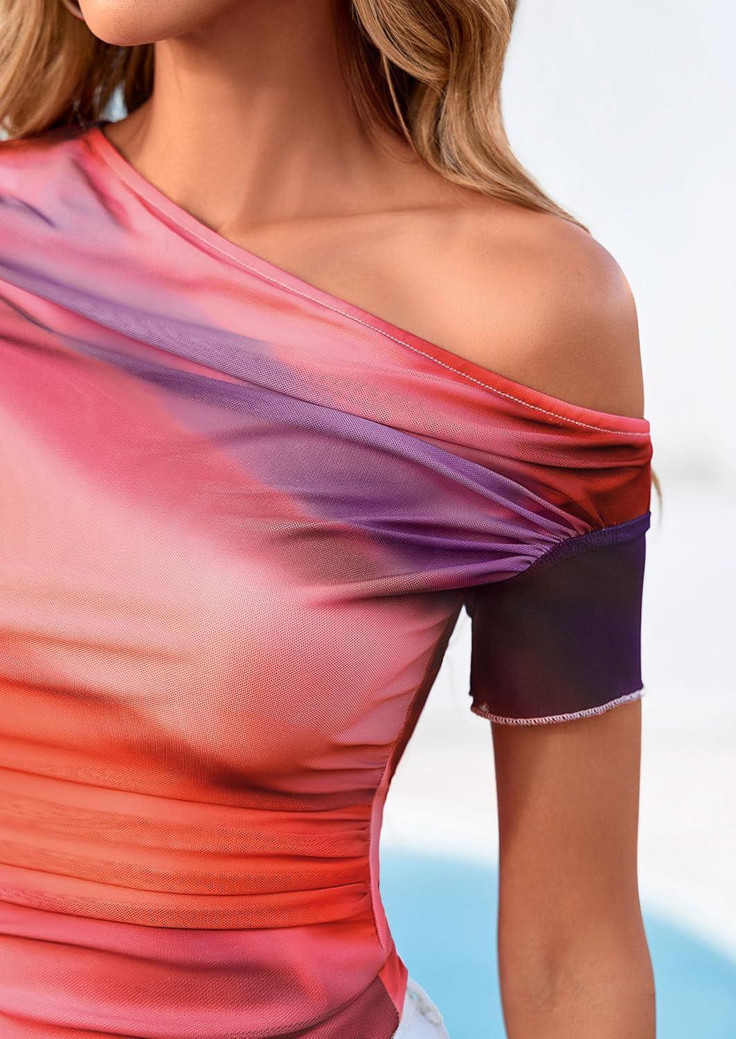 imagePRETTYGARDEN Womens Summer Off The Shoulder Tops 2026 Spring Short Sleeve Mesh Tie Dye Shirt Ruched Asymmetrical Y2k ClothesMulticolour Print