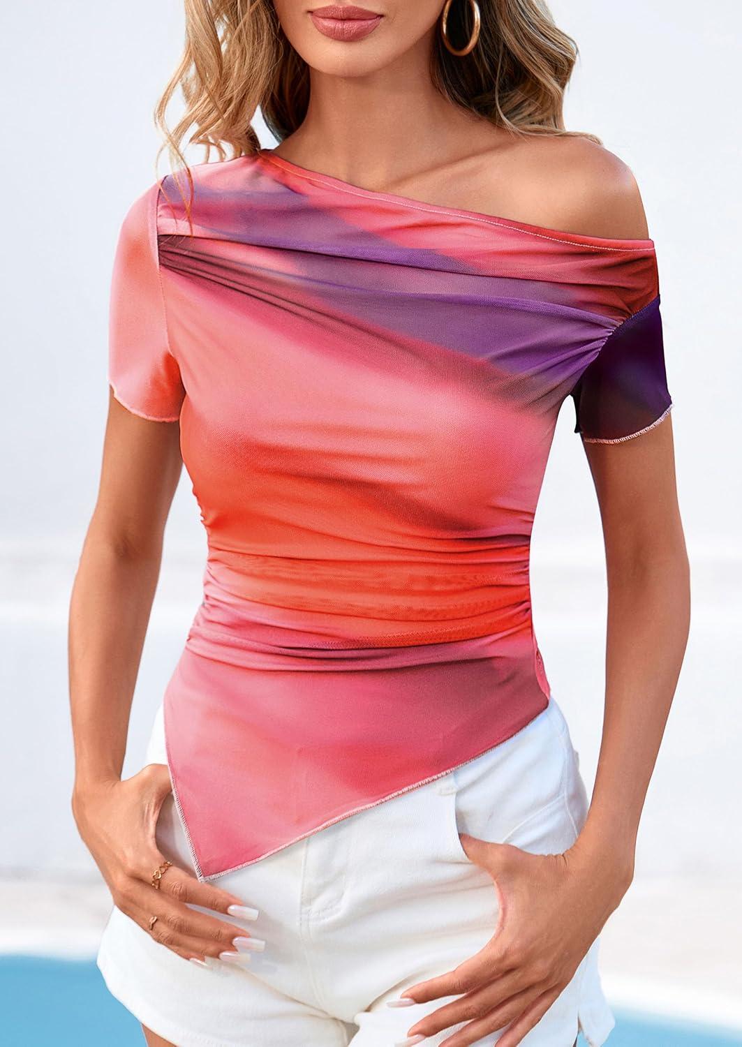 imagePRETTYGARDEN Womens Summer Off The Shoulder Tops 2026 Spring Short Sleeve Mesh Tie Dye Shirt Ruched Asymmetrical Y2k ClothesMulticolour Print